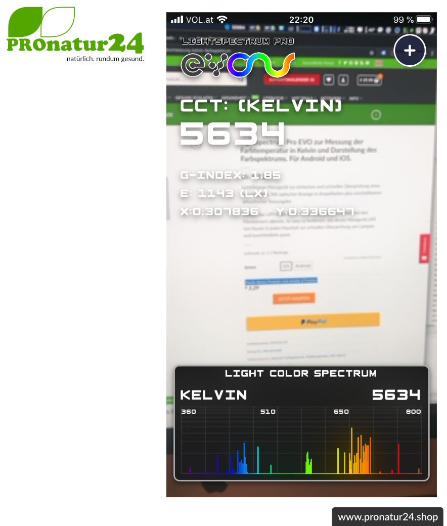 Lightspectrum Pro EVO zur Messung der Farbtemperatur in Kelvin und Darstellung des Farbspektrums. Für Android und iOS.