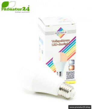 LED Lampe Vollspektrum DuoLight. Natur-nah flimmerfreies Licht mit 12 Watt (wie 100 Watt). 5200 K, 4000 K + 2900 K. 1000 Lumen. E27.