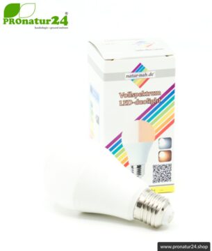 LED Lampe Vollspektrum DuoLight. Natur-nah flimmerfreies Licht mit 12 Watt (wie 100 Watt). 5200 K, 4000 K + 2900 K. 1000 Lumen. E27.