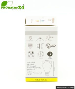 LED Vollspektrum Tageslichtlampe. Natur-nah flimmerfreies Licht mit 8 Watt (heller als 60 Watt). 5200 Kelvin. 560 Lumen. E27.