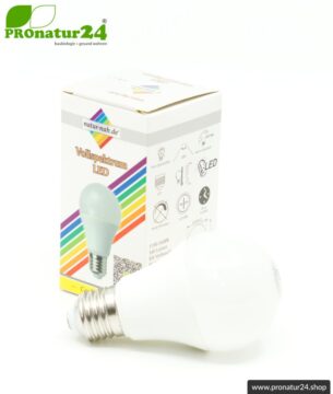 LED Vollspektrum Tageslichtlampe. Natur-nah flimmerfreies Licht mit 8 Watt (heller als 60 Watt). 5200 Kelvin. 560 Lumen. E27.