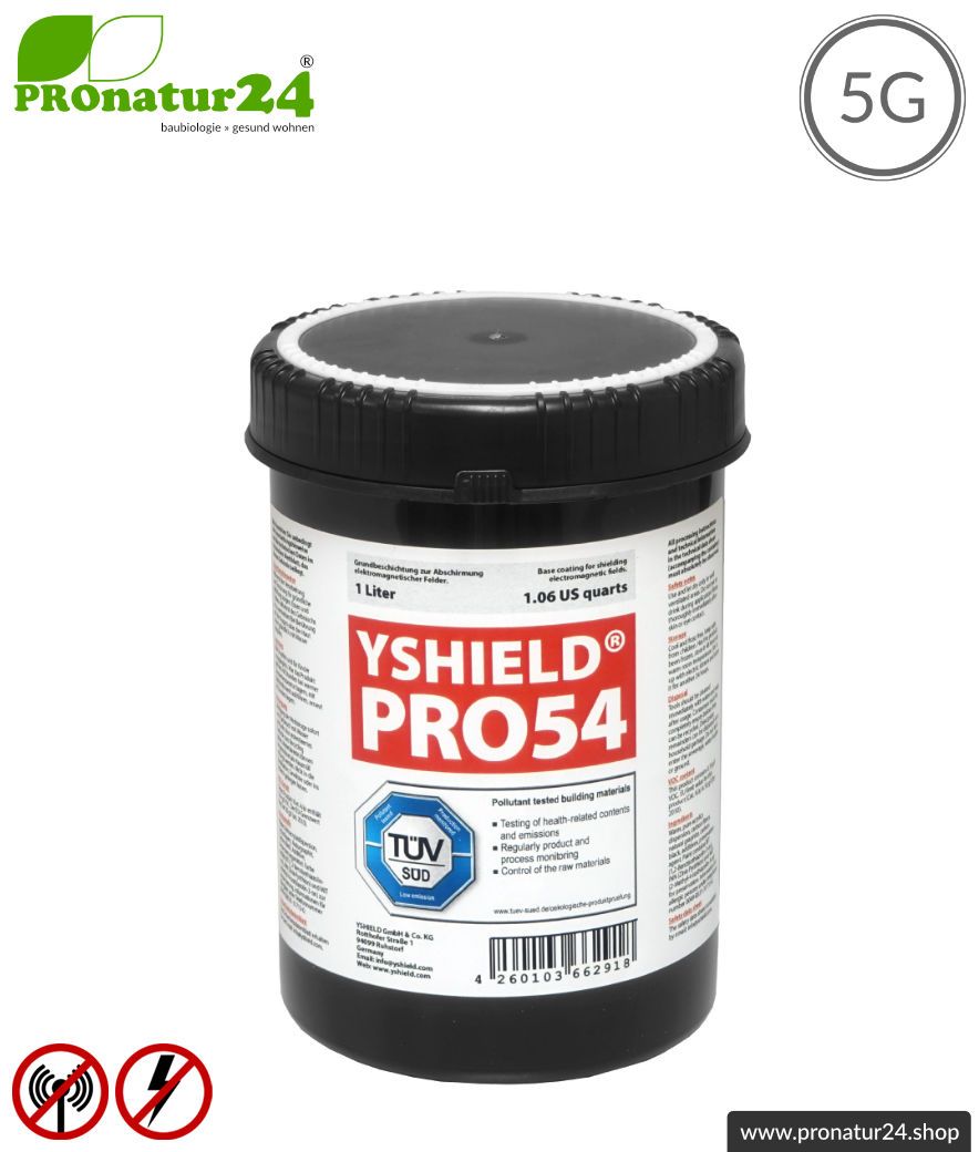 Abschirmfarbe PRO54, HF Abschirmung bis 40 dB, NF Erdung notwendig. Ohne Graphit – färbt nicht ab. Technisch die belastbarste von YSHIELD. 5G ready! Abschirmfarbe PRO54, HF Abschirmung bis 40 dB, NF Erdung notwendig. Ohne Graphit – färbt nicht ab. Technisch die belastbarste von YSHIELD. 5G ready!
