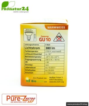 LED SPOT Leuchtmittel Pure-Z-Retro BIO LICHT, klar, GU10, 5 Watt, 380 Lumen, warmweiß (2700 K). Entspricht 40 Watt Lichtleistung.