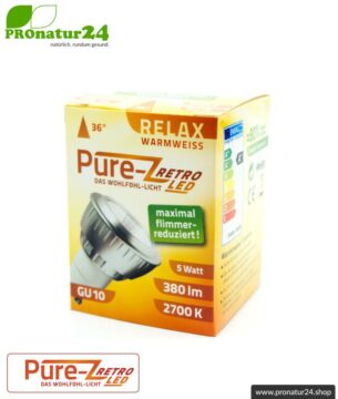 LED SPOT Leuchtmittel Pure-Z-Retro BIO LICHT, klar, GU10, 5 Watt, 380 Lumen, warmweiß (2700 K). Entspricht 40 Watt Lichtleistung.