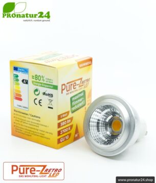 LED SPOT Leuchtmittel Pure-Z-Retro BIO LICHT, klar, GU10, 5 Watt, 380 Lumen, warmweiß (2700 K). Entspricht 40 Watt Lichtleistung.