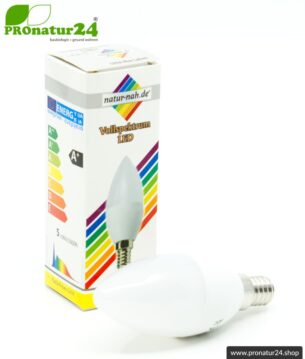 4,5 Watt LED Vollspektrum Tageslichtlampe Kerze. Natur-nah flimmerfreies Licht. Hell wie 45 Watt! 5200 Kelvin. 350 Lumen. E14 Sockel.