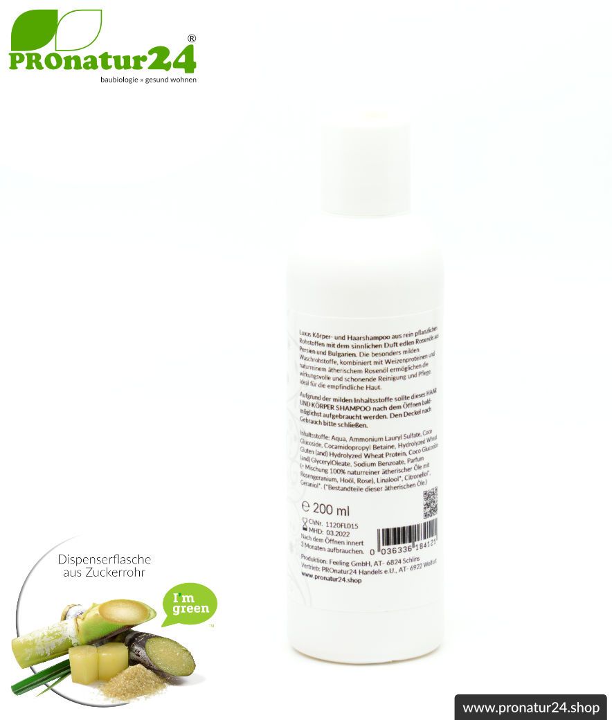 SHAMPOO rose. "Nackt sein" genießen mit allen Sinnen! Haar & Körper Shampoo mit edlem ätherischen Rosenöl. Liebkosendes duschen & baden neu definiert + einem Herz für die Natur. 200 ml Füllmenge.