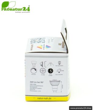 5 Watt LED Vollspektrum Spot. Natur-nah flimmerfreies Licht. Hell wie 35 Watt! 5200 Kelvin. 310 Lumen. GU10 (MR16) Sockel. Dimmbar.