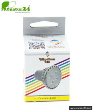 5 Watt LED Vollspektrum Spot. Natur-nah flimmerfreies Licht. Hell wie 35 Watt! 5200 Kelvin. 310 Lumen. GU10 (MR16) Sockel. Dimmbar.