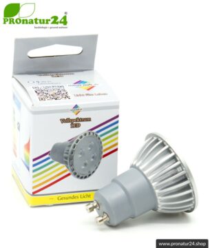 5 Watt LED Vollspektrum Spot. Natur-nah flimmerfreies Licht. Hell wie 35 Watt! 5200 Kelvin. 310 Lumen. GU10 (MR16) Sockel. Dimmbar.