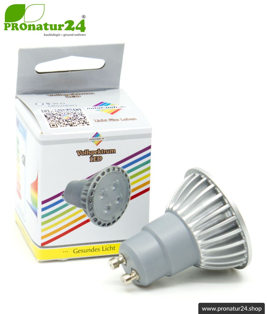 5 Watt LED Vollspektrum Spot. Natur-nah flimmerfreies Licht. Hell wie 35 Watt! 5200 Kelvin. 310 Lumen. GU10 (MR16) Sockel. Dimmbar.