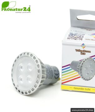 5 Watt LED Vollspektrum Spot. Natur-nah flimmerfreies Licht. Hell wie 35 Watt! 5200 Kelvin. 310 Lumen. GU10 (MR16) Sockel. Dimmbar.