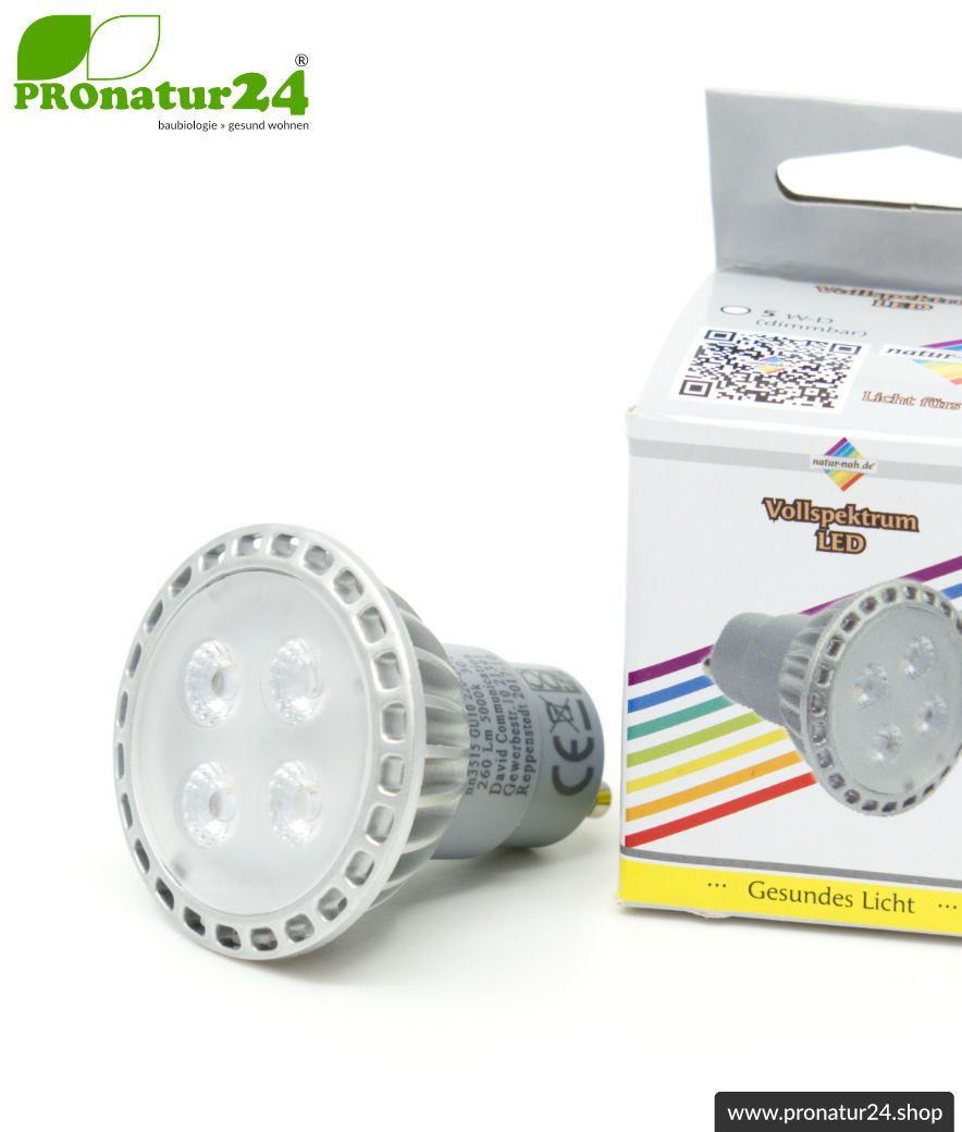 5 Watt LED Vollspektrum Spot. Natur-nah flimmerfreies Licht. Hell wie 35 Watt! 5200 Kelvin. 310 Lumen. GU10 (MR16) Sockel. Dimmbar.