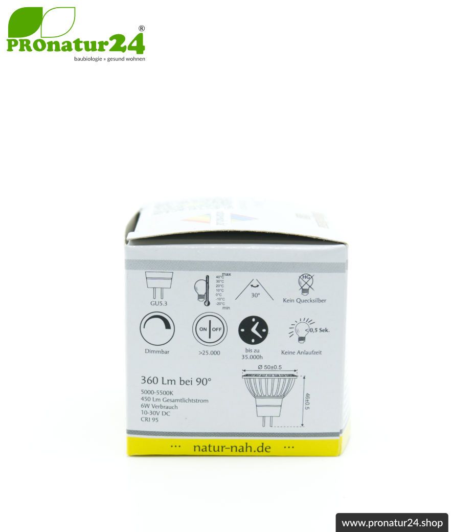 6 Watt LED Vollspektrum Spot. Natur-nah flimmerfreies Licht. Hell wie 35 Watt! 5200 Kelvin. 450 Lumen. GU5.3 (MR16) Sockel.