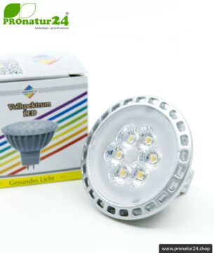 6 Watt LED Vollspektrum Spot. Natur-nah flimmerfreies Licht. Hell wie 35 Watt! 5200 Kelvin. 450 Lumen. GU5.3 (MR16) Sockel.