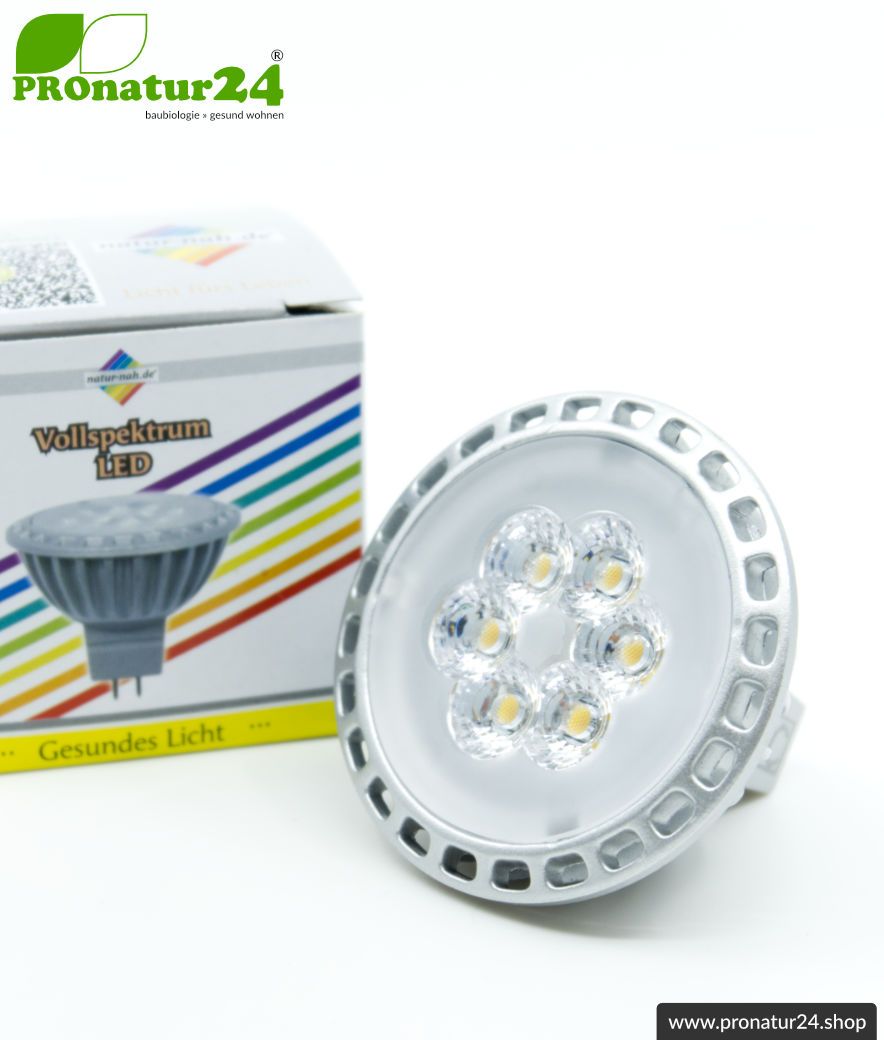 6 Watt LED Vollspektrum Spot. Natur-nah flimmerfreies Licht. Hell wie 35 Watt! 5200 Kelvin. 450 Lumen. GU5.3 (MR16) Sockel.