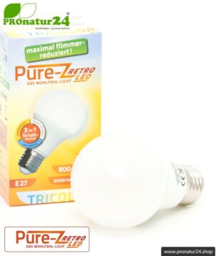9 Watt LED Lampe Pure-Z-Retro Tricolor BIO LICHT. Hell wie 80 Watt. 800-850 Lumen (3000 K / 4000 K / 6500 K ). E27 Sockel.