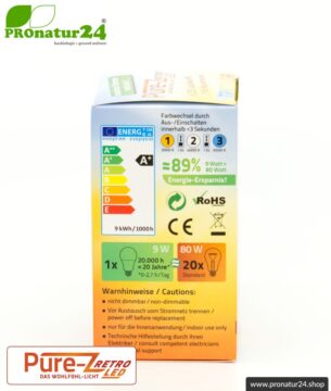 9 Watt LED Lampe Pure-Z-Retro Tricolor BIO LICHT. Hell wie 80 Watt. 800-850 Lumen (3000 K / 4000 K / 6500 K ). E27 Sockel.