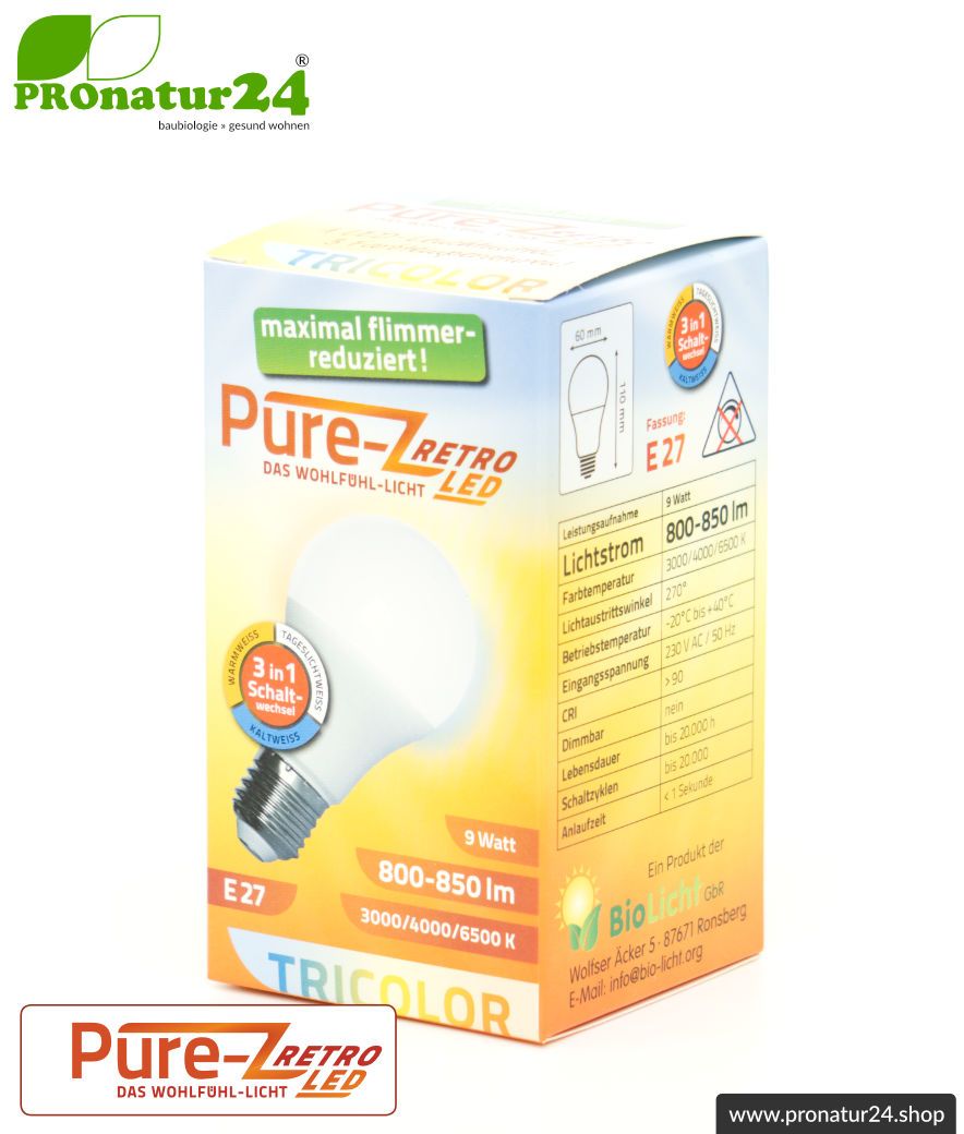 9 Watt LED Lampe Pure-Z-Retro Tricolor BIO LICHT. Hell wie 80 Watt. 800-850 Lumen (3000 K / 4000 K / 6500 K ). E27 Sockel.