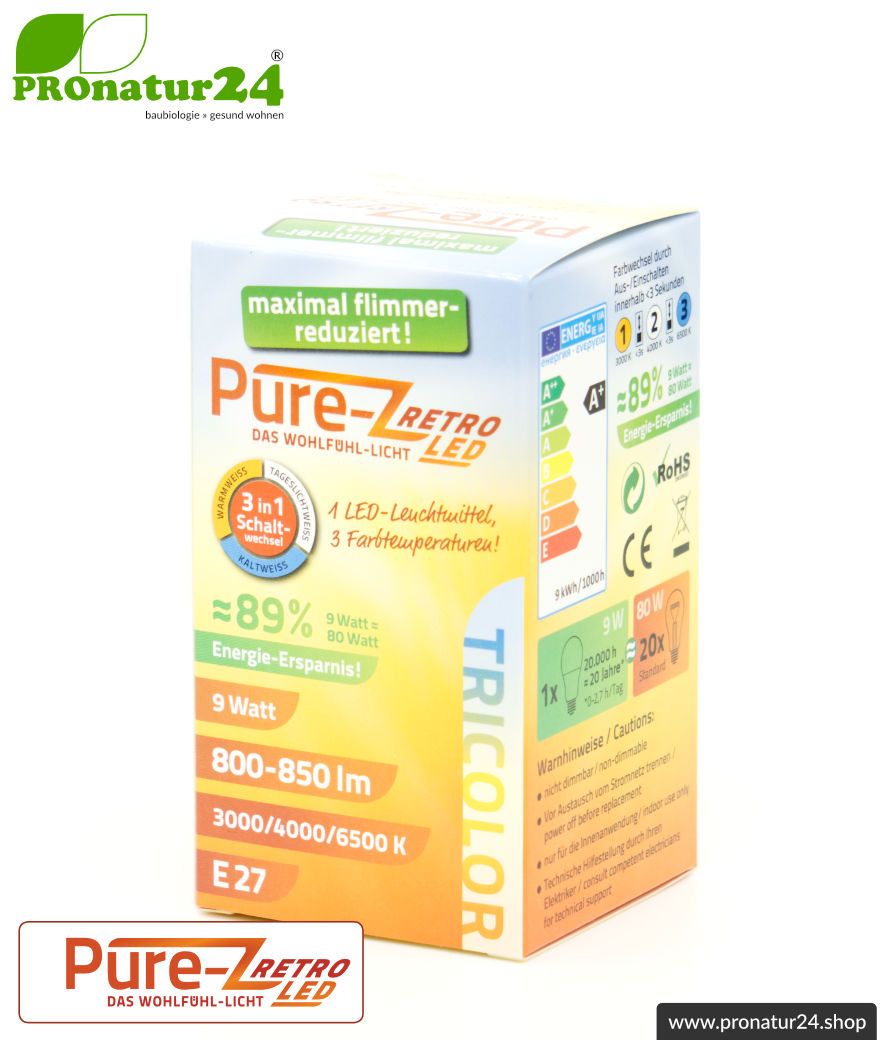 9 Watt LED Lampe Pure-Z-Retro Tricolor BIO LICHT. Hell wie 80 Watt. 800-850 Lumen (3000 K / 4000 K / 6500 K ). E27 Sockel.