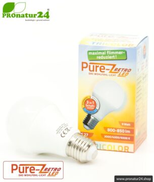 9 Watt LED Lampe Pure-Z-Retro Tricolor BIO LICHT. Hell wie 80 Watt. 800-850 Lumen (3000 K / 4000 K / 6500 K ). E27 Sockel.