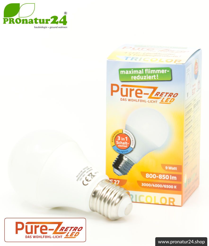 9 Watt LED Lampe Pure-Z-Retro Tricolor BIO LICHT. Hell wie 80 Watt. 800-850 Lumen (3000 K / 4000 K / 6500 K ). E27 Sockel.
