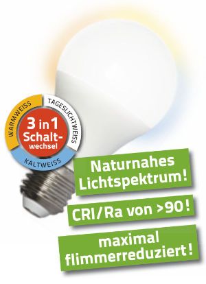 9 Watt LED Lampe Pure-Z-Retro Tricolor BIO LICHT. Hell wie 80 Watt. 800-850 Lumen (3000 K / 4000 K / 6500 K ). E27 Sockel. 9 Watt LED Lampe Pure-Z-Retro Tricolor BIO LICHT. Hell wie 80 Watt. 800-850 Lumen (3000 K / 4000 K / 6500 K ). E27 Sockel.