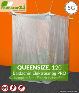 Abschirmender Baldachin Elektrosmog PRO im Set | Französisches Bett + Queensize Bett bis 120 cm | Abschirmung Funk bis zu 99,999 % (50 dB). Erdbar. Wirkungsvoll gegen 5G!