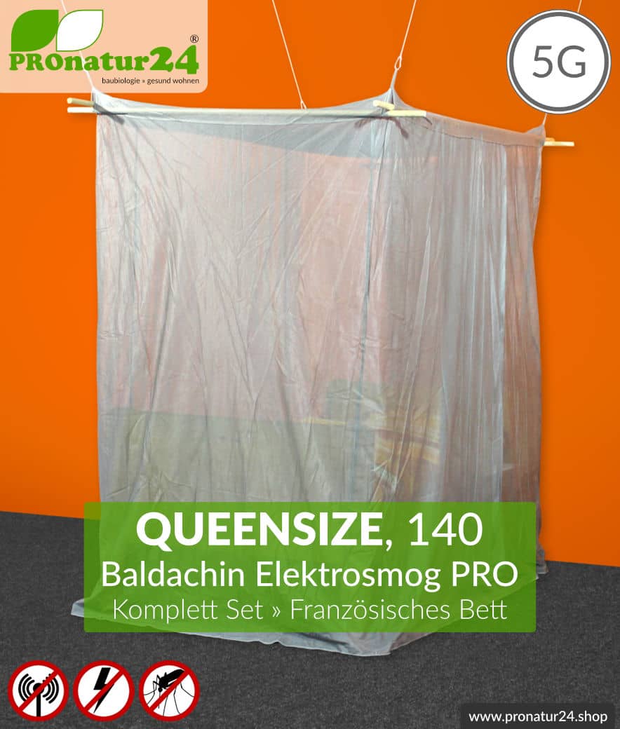 Abschirmender Baldachin Elektrosmog PRO im Set | Französisches Bett + Queensize Bett bis 140 cm | Abschirmung Funk bis zu 99,999 % (50 dB). Erdbar. Wirkungsvoll gegen 5G!