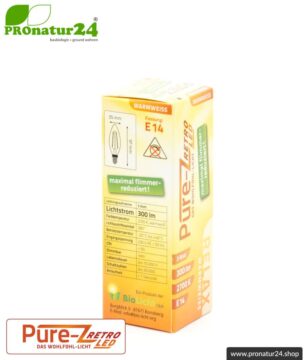 3 Watt LED Filament Kerze Pure-Z-Retro BIO LICHT | hell wie 30 Watt, 300 Lumen | Warmweiß (2700 Kelvin) | CRI >90, flimmerfrei (< 1%), E14