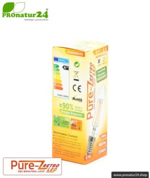 3 Watt LED Filament Kerze Pure-Z-Retro BIO LICHT | hell wie 30 Watt, 300 Lumen | Warmweiß (2700 Kelvin) | CRI >90, flimmerfrei (< 1%), E14