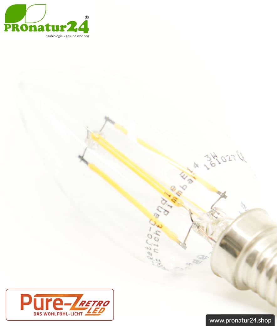 3 Watt LED Filament Kerze Pure-Z-Retro BIO LICHT | hell wie 30 Watt, 300 Lumen | Warmweiß (2700 Kelvin) | CRI >90, flimmerfrei (< 1%), E14
