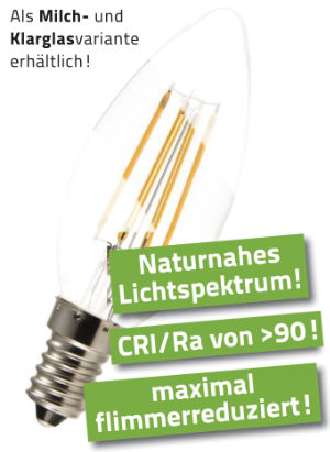 3 Watt LED Filament Kerze Pure-Z-Retro BIO LICHT, matt | hell wie 30 Watt, 300 Lumen | warmweiß (2700 Kelvin) | CRI >90, flimmerfrei (< 1%), E14. 3 Watt LED Filament Kerze Pure-Z-Retro BIO LICHT, matt | hell wie 30 Watt, 300 Lumen | warmweiß (2700 Kelvin) | CRI >90, flimmerfrei (< 1%), E14.