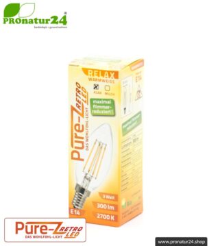 3 Watt LED Filament Kerze Pure-Z-Retro BIO LICHT | hell wie 30 Watt, 300 Lumen | Warmweiß (2700 Kelvin) | CRI >90, flimmerfrei (< 1%), E14