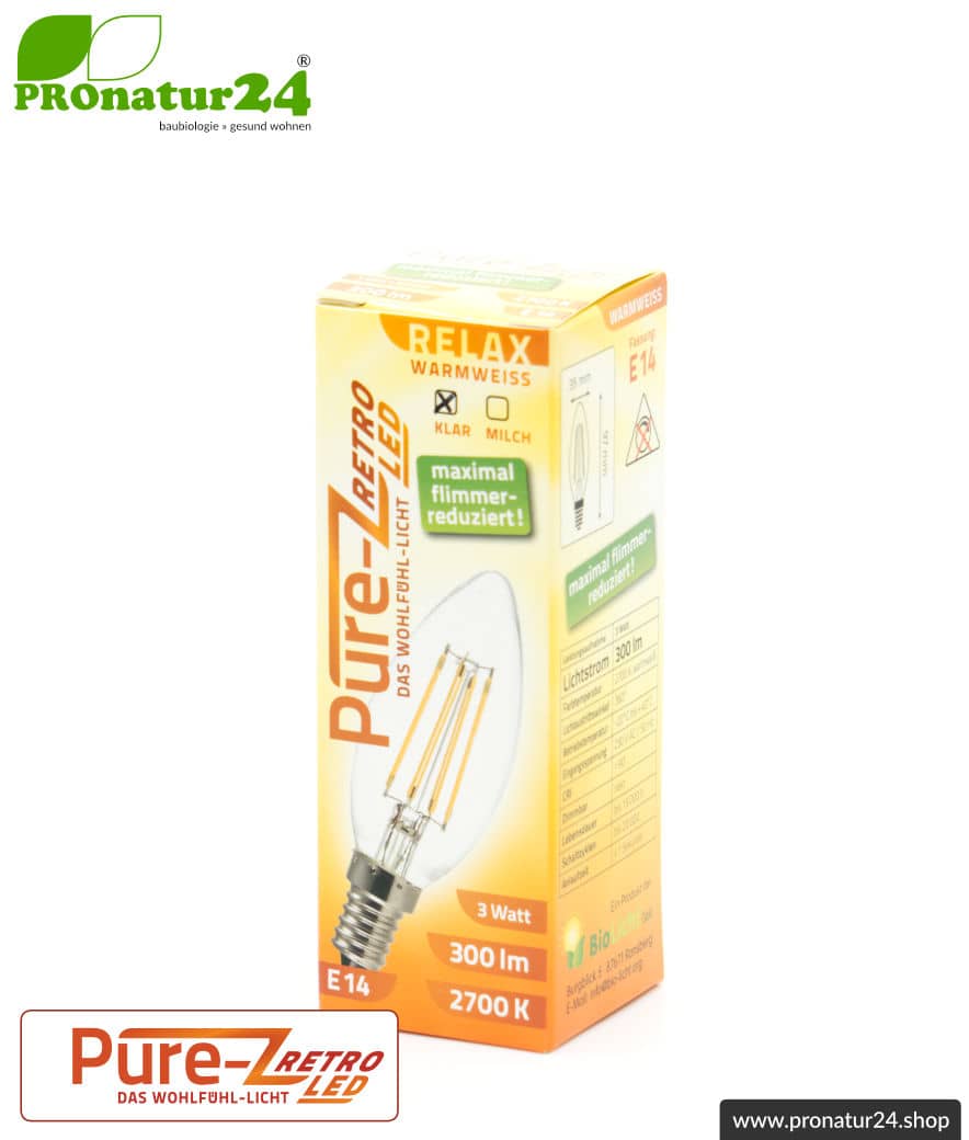 3 Watt LED Filament Kerze Pure-Z-Retro BIO LICHT | hell wie 30 Watt, 300 Lumen | Warmweiß (2700 Kelvin) | CRI >90, flimmerfrei (< 1%), E14