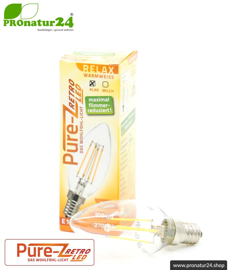 3 Watt LED Filament Kerze Pure-Z-Retro BIO LICHT | hell wie 30 Watt, 300 Lumen | Warmweiß (2700 Kelvin) | CRI >90, flimmerfrei (< 1%), E14