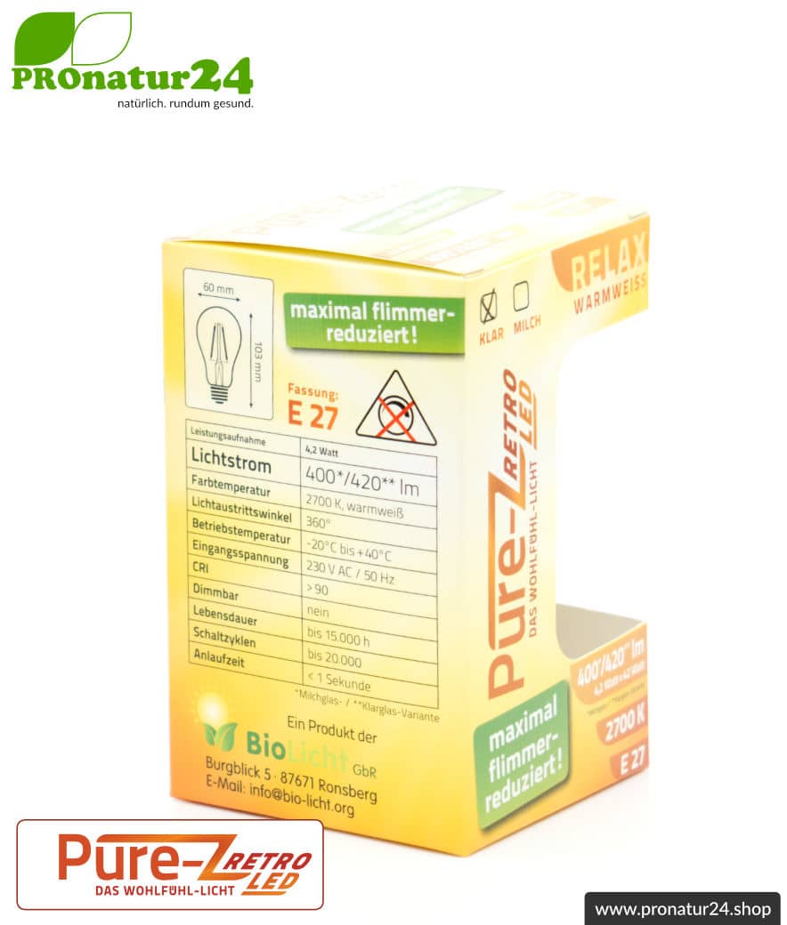 4,2 Watt LED Filament Pure-Z-Retro BIO LICHT | hell wie 40 Watt, 420 Lumen | Warmweiß (2700 Kelvin) | CRI >90, flimmerfrei (< 1%), E27