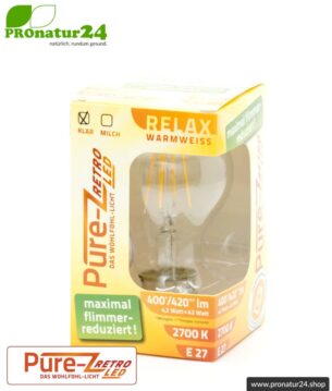 4,2 Watt LED Filament Pure-Z-Retro BIO LICHT | hell wie 40 Watt, 420 Lumen | Warmweiß (2700 Kelvin) | CRI >90, flimmerfrei (< 1%), E27