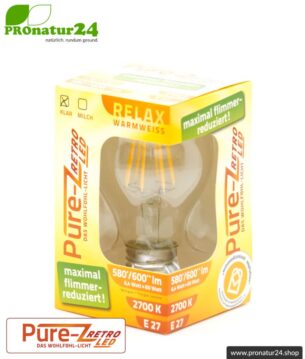6,4 Watt LED Filament Pure-Z-Retro BIO LICHT | Hell wie 60 Watt, 600 Lumen | Warmweiß (2700 Kelvin) | CRI >90, flimmerfrei (< 1%), E27