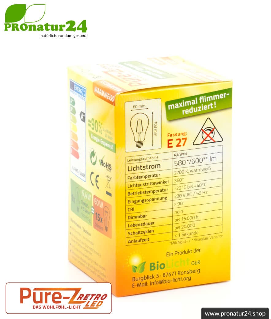 6,4 Watt LED Filament Pure-Z-Retro BIO LICHT | Hell wie 60 Watt, 600 Lumen | Warmweiß (2700 Kelvin) | CRI >90, flimmerfrei (< 1%), E27