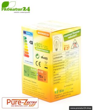 6,4 Watt LED Filament Pure-Z-Retro BIO LICHT | Hell wie 60 Watt, 600 Lumen | Warmweiß (2700 Kelvin) | CRI >90, flimmerfrei (< 1%), E27