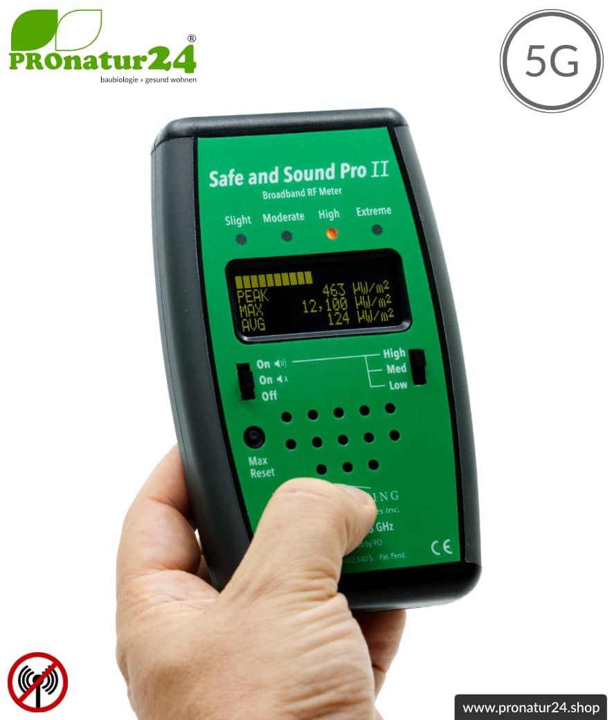 Safe and Sound Pro II EMF Detektor | Breitband Messgerät für Funkstrahlung HF | Erkennung von Funkstrahlung von 200 MHz bis 8 GHz, inklusive 5G. Profi-Gerät für Anfänger.