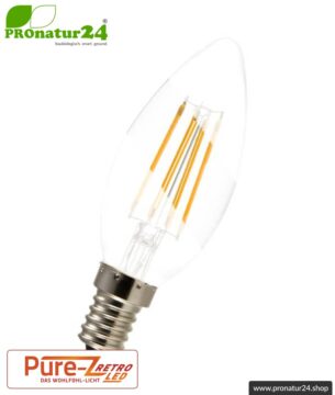 3 Watt LED Filament Kerze Pure-Z-Retro BIO LICHT, matt | hell wie 30 Watt, 300 Lumen | warmweiß (2700 Kelvin) | CRI >90, flimmerfrei (< 1%), E14.