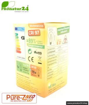 4,2 Watt LED Filament Pure-Z NEO von BioLicht | Mattglas | CRI 97 | Hell wie 38 Watt, 400 Lumen | warmweiß (2700 K) | flimmerfrei (< 1%), E27 Sockel
