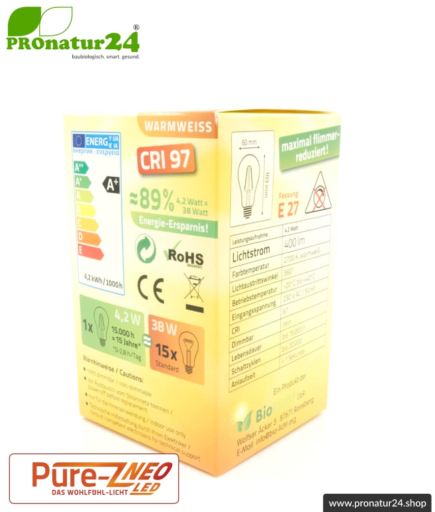 4,2 Watt LED Filament Pure-Z NEO von BioLicht | Mattglas | CRI 97 | Hell wie 38 Watt, 400 Lumen | warmweiß (2700 K) | flimmerfrei (< 1%), E27 Sockel