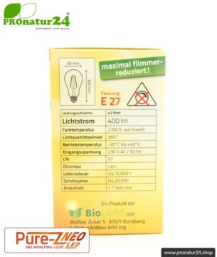 4,2 Watt LED Filament Pure-Z NEO von BioLicht | Mattglas | CRI 97 | Hell wie 38 Watt, 400 Lumen | warmweiß (2700 K) | flimmerfrei (< 1%), E27 Sockel