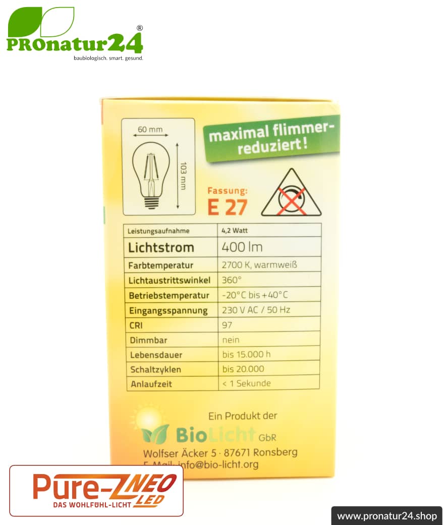 4,2 Watt LED Filament Pure-Z NEO von BioLicht | Mattglas | CRI 97 | Hell wie 38 Watt, 400 Lumen | warmweiß (2700 K) | flimmerfrei (< 1%), E27 Sockel