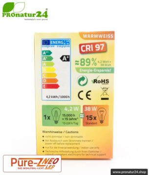 4,2 Watt LED Filament Pure-Z NEO von BioLicht | Mattglas | CRI 97 | Hell wie 38 Watt, 400 Lumen | warmweiß (2700 K) | flimmerfrei (< 1%), E27 Sockel