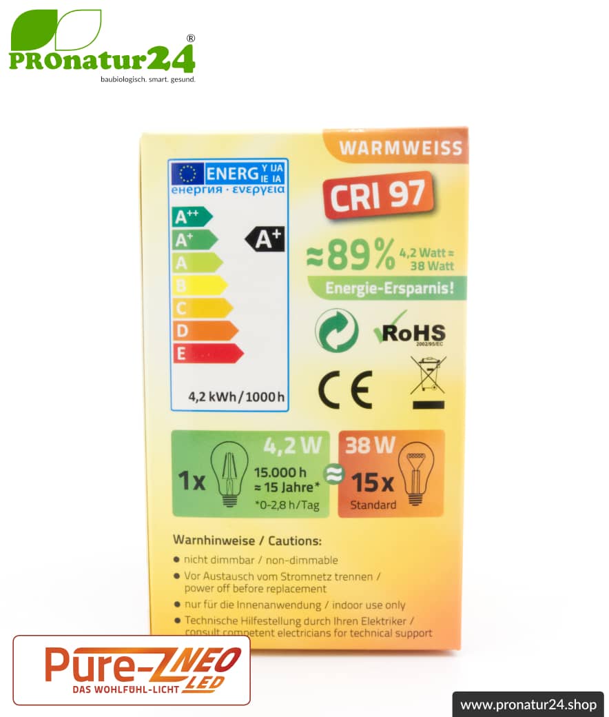 4,2 Watt LED Filament Pure-Z NEO von BioLicht | Mattglas | CRI 97 | Hell wie 38 Watt, 400 Lumen | warmweiß (2700 K) | flimmerfrei (< 1%), E27 Sockel