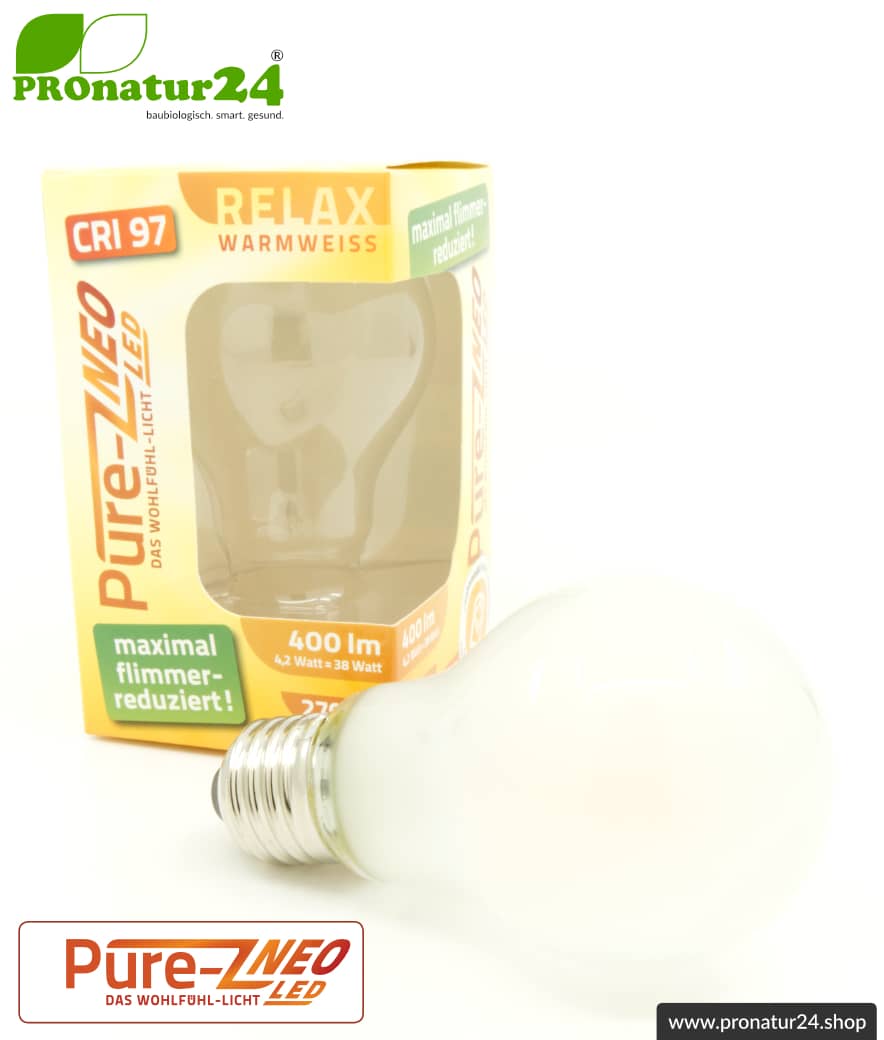 4,2 Watt LED Filament Pure-Z NEO von BioLicht | Mattglas | CRI 97 | Hell wie 38 Watt, 400 Lumen | warmweiß (2700 K) | flimmerfrei (< 1%), E27 Sockel